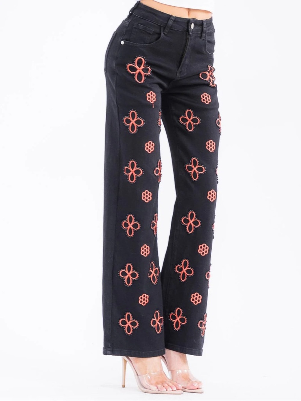 Blogger favorite Black Embroidered Straight Leg High Waist Statement Jeans - Picture 2 of 6